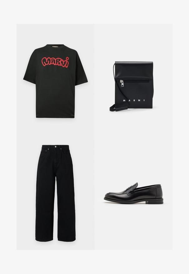T-Shirt preto de manga curta com o texto estilizado "Marni" em vermelho no peito, apresentando um decote redondo e um corte descontraído.; Calças largas pretas em algodão, com cintura alta, bolsos frontais, botão em tom prateado e bainha limpa.; Mocassins de couro preto com uma textura suave, bico arredondado e uma faixa decorativa sobre o peito do pé. Salto baixo e empilhado, design minimalista.; Bolsa de couro preta a tiracolo com um bolso frontal com fecho, logotipo em relevo e alça ajustável. Textura suave com uma forma estruturada.