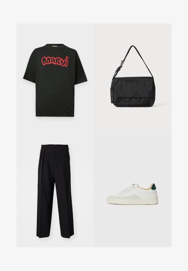 Melna īsām piedurknēm T-krekli ar sarkano stilizēto "Marni" tekstu krūšu daļā, ar apaļu kakla izgriezumu un brīvu piegriezumu.; Melnas plisētās bikses ar taisnu, plata kāja dizainu. Izgatavotas no gludas auduma, ar pogu aizdari un jostas cilpiņām.; Baltas sneakers ar zamša akcentiem, noapaļota purngala, plakaniem auklām un krēmkrāsas gumijas zoli. Ar zaļu zīmolu uz papēža.; Melnas neilona plecu soma ar plakanu formu, ar vāciņa aizdari, diviem apaļiem pogām un austiem siksniņām. Redzama zīmola etiķete.