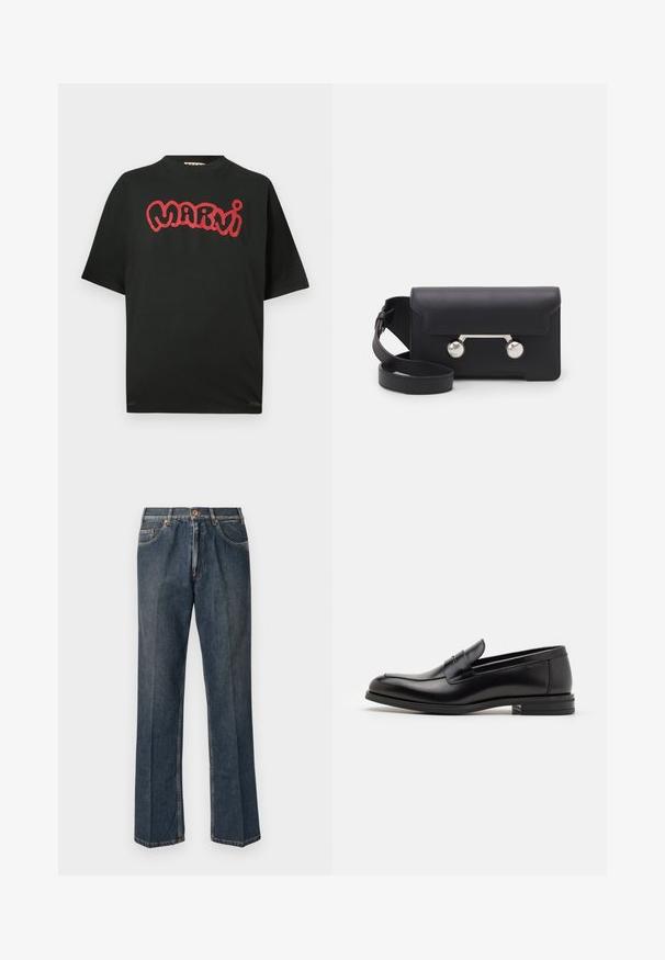 Melna īsām piedurknēm T-krekli ar sarkano stilizēto "Marni" tekstu krūšu daļā, ar apaļu kakla izgriezumu un brīvu piegriezumu.; Tumši zili taisni džinsi ar priekšējo pogu, rāvējslēdzēju, dubultajām priekšējām kabatām un redzamām vertikālām krokām pa kājām.; Melnas ādas kurpes ar gludu tekstūru, noapaļu purngalu un dekoratīvu siksniņu pāri priekšpusei. Zems sakrauts papēdis, minimālisma dizains.; Melna ādas crossbody soma ar atloku aizdari, sudraba toņu aparatūru un divām apaļām detaļām. Iespējams noņemt siksnu. Gluda tekstūra.