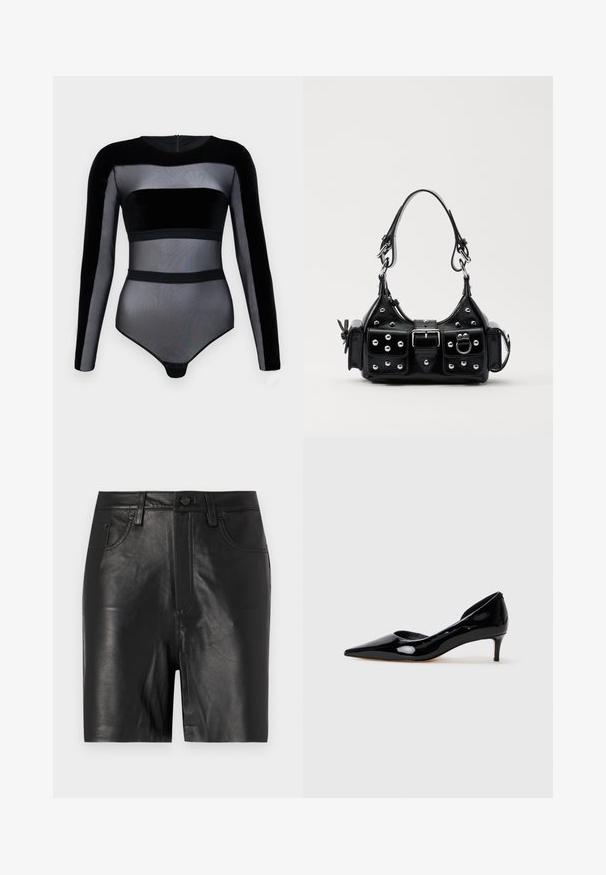 Schwarzer Bodysuit mit langen Ärmeln. Verfügt über transparente Netz- und Samtabschnitte, mit einem runden Ausschnitt und Druckknopfverschluss am unteren Ende.; Schwarze Lederhorts mit glatter Textur, ausgestattet mit einem vorderen Reißverschluss, Knopfverschluss und klassischem Fünf-Taschen-Design.; Schwarze Lackleder-Damenschuhe mit spitzem Zeh und niedrigem Absatz, im Profil auf einem schlichten hellgrauen Hintergrund dargestellt.; Schwarze Lederhandtasche mit einem geschwungenen Design, verziert mit silbernen Nieten, einer Schnalle und zwei seitlichen Taschen. Verstellbarer Träger für verschiedene Tragemöglichkeiten.