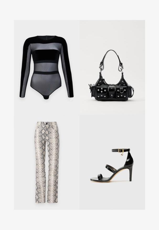 Body negru cu mâneci lungi. Prezentă secțiuni din plasă transparentă și catifea, cu un decolteu rotund și închidere prin capse în partea de jos.; Pantaloni cu imprimeu de șarpe într-o paletă de culori bej și gri. Design cu picior drept, cu o finisare texturată și buzunare frontale. Prezintă o închidere cu buton.; Sandale negre din piele lacuită, cu trei curele, cataramă la glezna și toc stiletto de 10 cm. Prezintă detalii din metal auriu și un charm cu logo.; Geantă de piele neagră cu un design curbat, dotată cu studuri argintii, o cataramă și două buzunare laterale. Curea ajustabilă pentru opțiuni de transport.