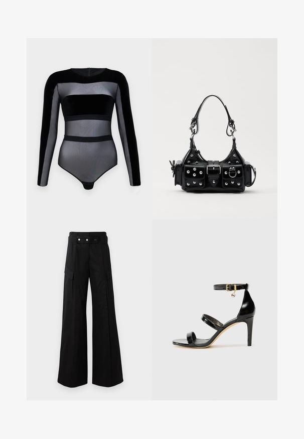 Zwart bodysuit met lange mouwen. Bevat doorschijnende mesh- en fluwelen delen, met een ronde halslijn en drukknopen aan de onderkant.; Zwarte wijde broek met hoge tailleband, voorzien van grote zijzakken, twee knopen aan de voorkant en een lusdetail. Gemaakt van stevige stof.; Zwarte gepatineerde leren sandaal met drie banden, enkelgesp en 10 cm hoge stiletto hak. Bevat gouden hardwaredetails en een logo charm.; Zwarte lederen handtas met een gebogen ontwerp, voorzien van zilveren studs, een gesp en twee zijvakken. Verstelbare schouderband voor verschillende draagmogelijkheden.