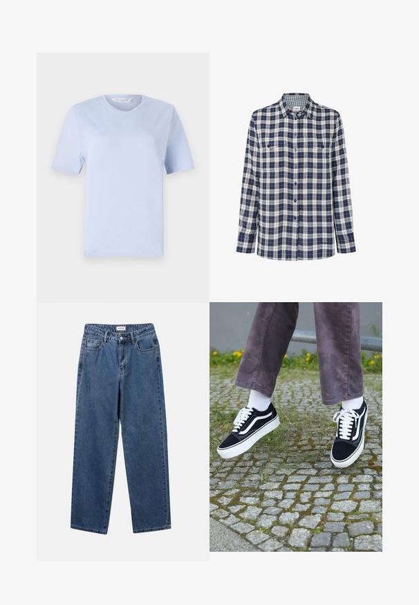 Gaiši zils īsām piedurknēm T-krekls, izgatavots no mīkstas kokvilnas. Iezīmēts ar apaļu kakla izgriezumu un mazu izšūtu logotipu uz krūtīm.; Raibspalvots flaneļa krekls tumši zila, balta un sarkana krāsā. Garas piedurknes, pogāta fronte, divas krūšu kabatas un diskrēta logo apakšmalā.; Klasiskie zili džinsi ar taisnu kāju dizainu, pieciem kabatām un pogu aizdari. Iezīmējas ar vidēju mazgāšanu un izturīgu tekstūru.; Melni zamšādas sporta apavi ar baltiem akcentiem, ar apaļu purngalu, biezu baltu zoli un klasisku šņorēšanas dizainu, uzvilkti ar baltām zeķēm un violetām biksēm.