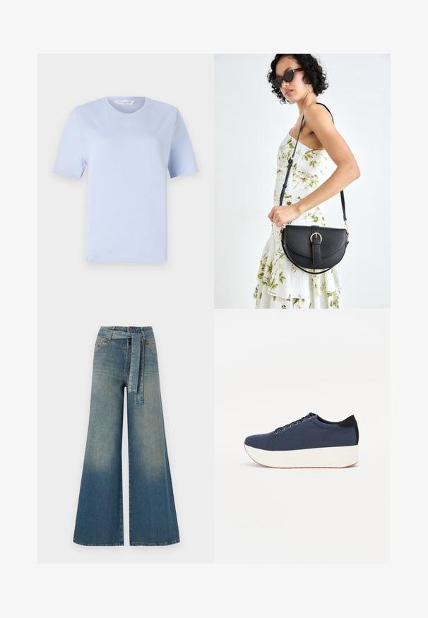 Jasnoniebieska koszulka z krótkim rękawem wykonana z miękkiej bawełny. Posiada okrągły dekolt i małe haftowane logo na piersi.; Szerokie spodnie dżinsowe z gradientem od jasnoniebieskiego do ciemnoniebieskiego, wysokim stanem, szlufkami na pasek oraz pasującym paskiem z tkaniny. Teksturowany wykończenie dżinsu.; Granatowe trampki z teksturowanej tkaniny, biała platforma, okrągły nosek i czarny akcent na pięcie. Posiadają sześć oczek na sznurówki.; Czarna skórzana torebka o zakrzywionym kształcie, z odpinanym paskiem i złotymi akcentami. Torebka posiada klapę z zapięciem w kształcie klamry.