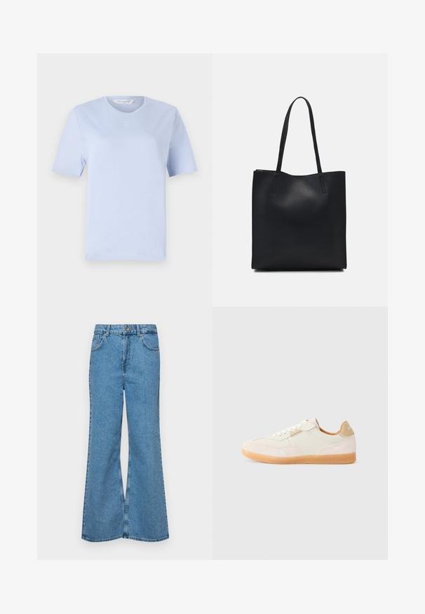 Light blue short-sleeve T-shirt made of soft cotton. Features a round neckline and small embroidered logo on the chest.; Light blue flared jeans made of denim, featuring a high waist, five pockets, and a single button closure. Soft texture with faded finish.; Light beige sneakers with a combination of smooth and suede textures, featuring laces, rubber soles, and a tan heel accent.; Black leather tote bag with smooth texture, rectangular shape, and two long handles. No visible hardware or embellishments.