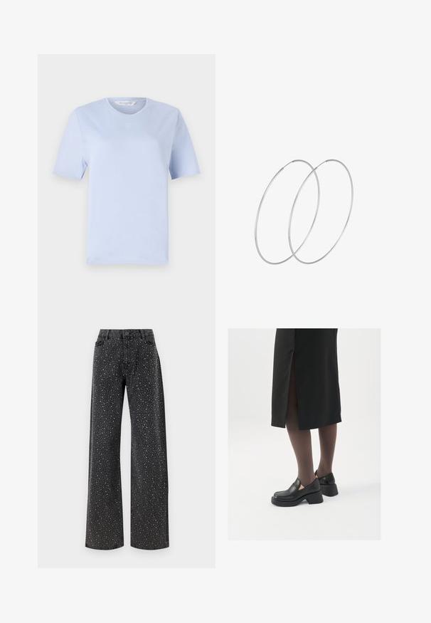 Svetlomodré tričko s krátkym rukávom vyrobené z mäkkej bavlny. Má okrúhly výstrih a malú vyšitú značku na hrudi.; Noisy May NMJANNEL LOOSE - Džínsy voľného strihu - black denim; Čierne kožené topánky s okrúhlou špičkou, silným blokovým opätkom a elastickými bočnými akcentmi, skombinované s tmavými pančuchami a čiernou sukňou so štiepením.; Strieborné kruhové náušnice s minimalistickým dizajnom. Cirkulárny tvar, hladký povrch a tenký profil. Ľahké s lesklým povrchom.