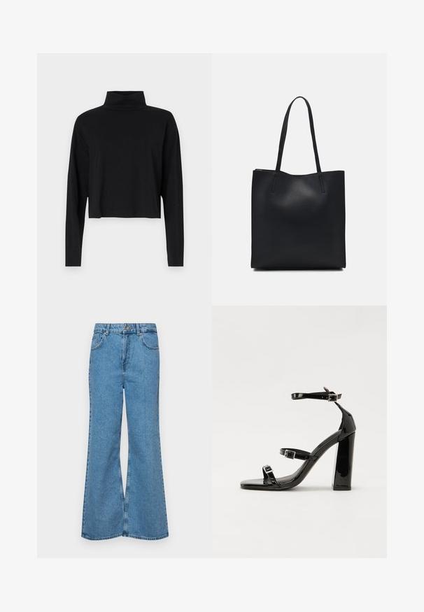 Zwarte, lange mouwen turtleneck top gemaakt van glad, rekbaar stof. Cropped ontwerp met een hoge hals en geen zichtbare patronen of versieringen.; Lichtblauwe flared jeans van denim, met een hoge taille, vijf zakken en een enkele knoopsluiting. Zachte textuur met een vervaagde afwerking.; Zwarte gepatenteerde sandalen met hak en een vierkante neus, enkelbandjes en zilveren gespen. Heeft een stevige blokhak voor stabiliteit.; Zwarte leren handtas met een gladde textuur, rechthoekige vorm en twee lange handvaten. Geen zichtbare hardware of versieringen.