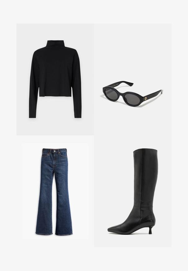 Schwarzes, langärmliges Rollkragenoberteil aus glattem, dehnbarem Stoff. Kurz geschnittenes Design mit hohem Kragen und ohne sichtbare Muster oder Verzierungen.; Hochtaillierte dunkelblaue Jeans mit ausgestellten Beinen, Vorderknopf- und Reißverschluss sowie Fünf-Taschen-Design.; Zign Stiefel - black; Schwarze ovale Sonnenbrille mit dunklen Gläsern und glänzendem Kunststoffrahmen. Mit goldenem Logo am Bügel, das ein elegantes und modernes Design bietet.