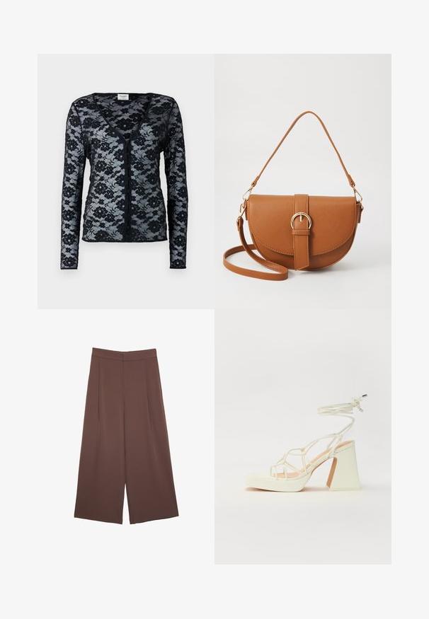 Schwarze Spitzenstrickjacke mit langen Ärmeln, V-Ausschnitt und Blumenmuster. Verfügt über eine Knopfverschluss und eine transparente, zarte Textur.; Braune Weite-Leg-Hosen mit einer glatten Textur, hoher Taille und Vorderfalten. Der Stoff ist leicht und fällt locker.; Weiße High-Heel-Sandale mit einem klobigen Absatz, die über ein Riemchendesign und ein Knöchelband verfügt. Glatte Textur mit einer Plattform vorne für zusätzliche Höhe.; Braune Leder-Crossbody-Tasche mit geschwungener Form, goldfarbenen Beschlägen und einer Schnallenakzentuierung. Verfügt über einen abnehmbaren Schultergurt.