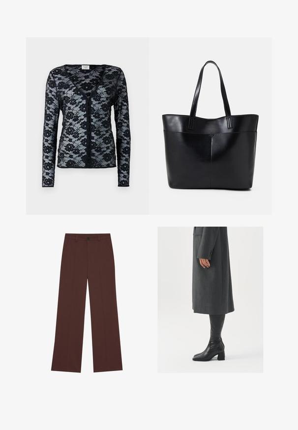 Svart spetscardigan med långa ärmar, V-ringning och blommönster. Utformad med knappstängning och en genomskinlig, delikat textur.; Breda byxor i ett rikt brunt tyg. Har en knappstängning, två framfickor, slät textur och rena linjer.; Grå, skräddarsydd ytterrock med rak skärning; kombinerad med knähöga svarta läderstövlar med fyrkantig tå och kraftig klack.; Svart läder tote-väska med två långa handtag, en slät yta och en strukturerad form. Har en framficka för extra förvaring.
