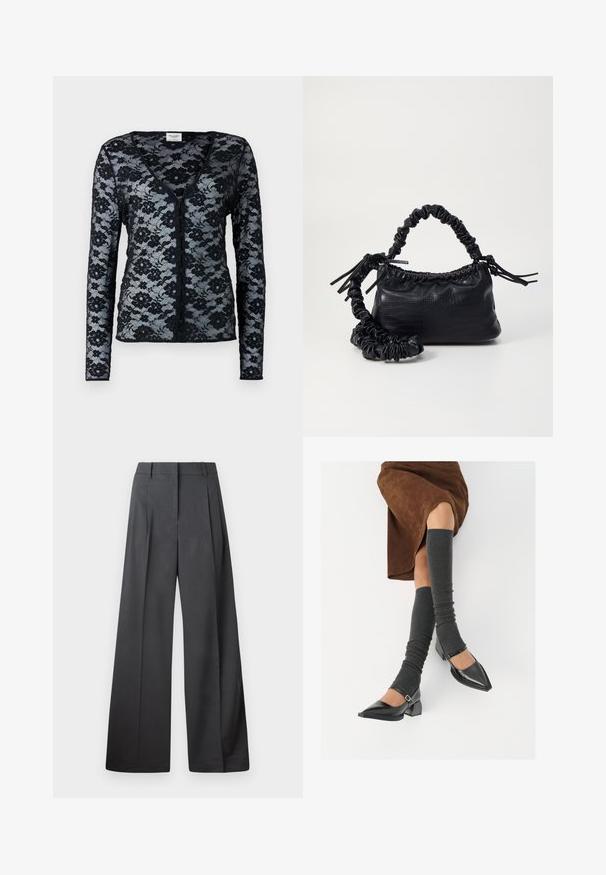 Melnas mežģīņu kardigāns ar garām piedurknēm, V-veida kakla izgriezumu un ziedu rakstu. Ar pogu aizdari un caurspīdīgu, delikātu tekstūru.; Platās kājas bikses tumši pelēkā audumā, ar augstu jostasvietu, ar vienu uzpūstu vīli un gludu tekstūru ar tīru apdari ap malām.; Melnas laka ādas apavi ar norādītu purngalu, blokveida papēdi un potīšu jostu, saskaņoti ar pelēkām ribotām kāju sildītājām un brūnu zamšādas svārku.; Melnā mākslīgās ādas rokassoma ar krokodila rakstu, savilkta augšdaļa un saburzīta siksna. Izskatās mīksta un kompakta pēc dizaina.