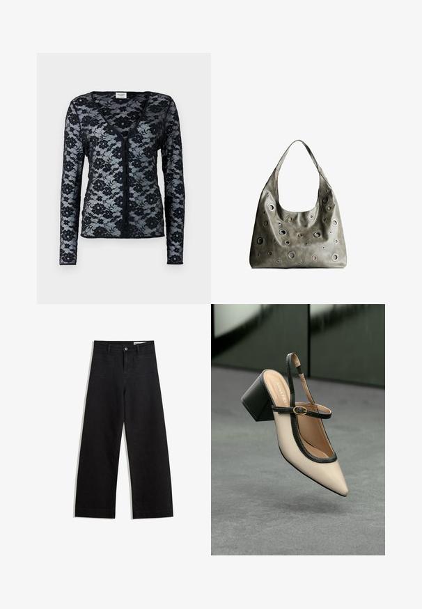 Schwarze Spitzenstrickjacke mit langen Ärmeln, V-Ausschnitt und Blumenmuster. Verfügt über eine Knopfverschluss und eine transparente, zarte Textur.; Schwarze weit geschnittene Jeans mit hoher Taille, ausgestattet mit Vorder- und Hintertaschen, gesteppten Nähten und einem Knopfverschluss. Glatte Textur.; Beige Slingback-Schuh mit spitzer Zehenpartie, schwarzer Umrandung, goldener Schnalle und dicker Blockabsatz auf grauem Boden vor dunklem grünen Hintergrund.; Olivgrünes Lederhandtäschchen mit einem lässigen Design, das verschiedene runde Ausschnitte in unterschiedlichen Größen und Akzente in dunkleren und helleren Farbtönen aufweist.