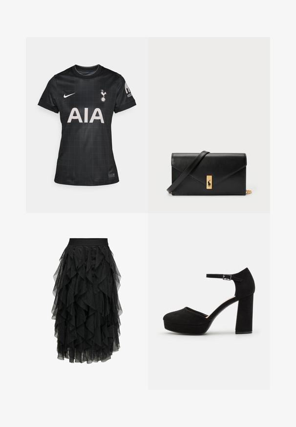 Črn nogometni dres z mrežastim vzorcem, z okroglim ovratnikom, kratkimi rokavi in logotipoma Nike in Tottenham Hotspur.; Črna midi krila iz plastičnega tila z naborkami. Ima elastico v pasu. Prozoren material dodaja teksturo in gibanje.; Črne semiš platform škornje z debelim blokastim peto, zaobljenim nosom in gležnjico, ki jo drži kovinska zaponka. Gladka tekstura po celotni površini.; Črna usnjena denarnica s prepognjenim pokrovom, zlato okovje, ki vključuje poudarek z logotipom. Vključuje odstranjljivo naramnico za nošenje.