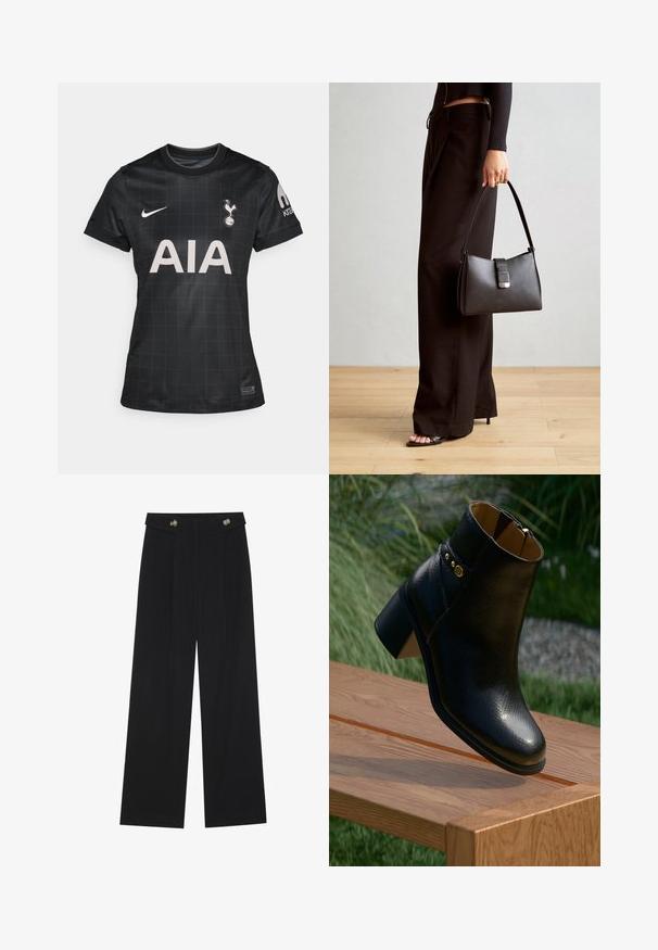 Czarna koszulka piłkarska z wzorem w kratę, z okrągłym kołnierzykiem, krótkimi rękawami oraz logotypami Nike i Tottenham Hotspur.; Czarne szerokie spodnie z wysokim stanem, z detalami w postaci guzików na pasku oraz plisami z przodu.; Czarne skórzane botki za kostkę o teksturowanym wykończeniu, z złotym guzikiem i grubym obcasem, umieszczone na drewnianym stole.; Czarna torebka o usztywnionym kształcie, gładkiej fakturze i metalowym zapięciem. Połączona z szerokimi czarnymi spodniami i sandałami na otwartym palcu na drewnianej podłodze.