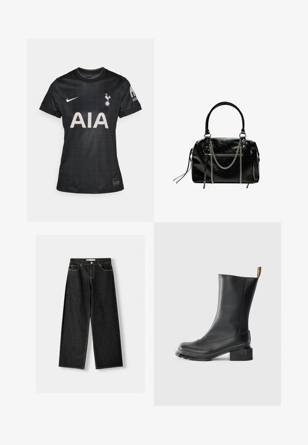 Fekete focimez rácsos mintázattal, kerek nyakkal, rövid ujjú, a Nike és a Tottenham Hotspur logójával.; Fekete farmer széles szárú nadrág, öt zsebbel, fémből készült gombbal és cipzárral, valamint kontrasztos sárga varrással az illesztéseknél.; Fekete bőrből készült bokacsizma, blokk sarkú, sima textúrával, kerek orral és sarkán sárga márkajelzés található.; Bershka WITH CHAIN - Kézitáska - black