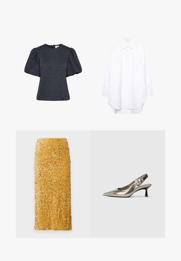 Texturirana temno modra bluzica s kratkimi nabranimi rokavi, okroglo izrezom in zadrgo na hrbtni strani. Narejena iz sijočega materiala z vzorcem.; Bela srajca z dolgimi rokavi z gumbi, s koničastim ovratnikom in ukrivljenim robom, prikazana na enobarvnem ozadju.; Zlata midi krila pokrita s sijočimi bleščicami, ravnega kroja in visokim pasom na belem ozadju.; Metalne srebrne slingback čevlje z ostrim nosom, majhnim črnim peto in zakovico na traku. Gladka usnjena tekstura.