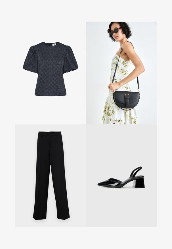 Teksturirana tamnoplava bluzica s kratkim napuhanim rukavima, zaobljenim izrezom i detaljem na patentnom zatvaraču na leđima. Izrađena od sjajnog materijala s uzorkom.; Crne široke hlače od glatkog materijala, s klasičnim pojasom koji se zatvara dugmetom i prednjim naborima.; Crne lakirane kožne sandale s otvorenom petom i špicastim vrhom, s geometrijskom blok petom. Imaju elegantan, minimalistički dizajn i glatku teksturu.; Crna kožna torba s lukovitim oblikom, odvojivim remenom i zlatnim detaljima. Torba ima preklop s kopčom.