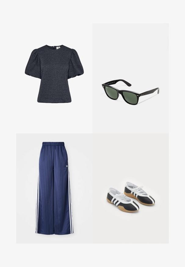 Texturēta tumši zilā blūze ar īsām pūkainām piedurknēm, noapaļotu kakla izgriezumu un aizmugurē esošu rāvējslēdzēju. Izgatavota no mirdzoša auduma ar rakstu.; Jūras zila platu kāju bikses ar vertikālām baltām svītrām, elastīgu jostu un trim baltām svītrām katrā pusē, izgatavotas no viegla materiāla.; Melnbaltas sporta kurpes ar elegantu dizainu, gumijas zoli, šņorēšanu un trim baltām svītrām sānos.; Melnas plastmasas saulesbrilles ar zaļiem lēciem, kvadrātveida rāmjiem, sudrabainu akcentu uz uzacīm un teksturētām tempļu kājām. Zīmols norādīts uz iekšējās kājas.