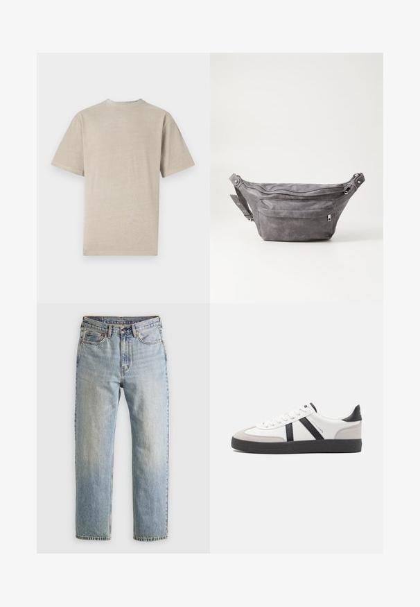 Kurzarm-T-Shirt in hellem Beige mit Rundhalsausschnitt, aus weichem Stoff gefertigt, mit glatter Textur und schlichtem Design ohne Grafiken.; Helle blaue Jeans mit hoher Taille, Frontknopf, Reißverschluss und fünf Taschen-Design, flach auf einem neutralen Hintergrund ausgelegt.; Weiße Sneaker mit schwarz- und grau-aczenten, ausgestattet mit einer strukturierten grauen Zehenkappe, schwarzer Gummi-Sohle und flachen weißen Schnürsenkeln. Sauberes Design, minimalistische Stil.; Graue Wildleder-Gürteltasche mit runder Form, zwei mit Reißverschluss verschlossenen Fächern und verstellbarem Trageriemen. Mit metallischen Hardware-Akzenten.