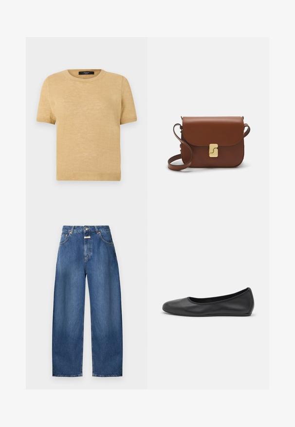 Lyhythihainen neulepaita vaaleanbeige värissä, jossa on pyöreä pääntie sekä ribattu helma ja hihansuut rakenteen ja istuvuuden vuoksi.; CLOSED JAZZIE - Leveälahkeiset - mid blue denim; Musta nahkainen ballerina, jossa on pyöristetty kärki, sileä pinta, minimaalinen ommelkoristelu ja joustava pohjamuotoilu.; Ruskea nahkainen käsilaukku, jossa on läppäkiinnitys, kultasävyiset yksityiskohdat, olkahihna ja sileä pinta. Kompaktin suorakaiteen muotoinen.