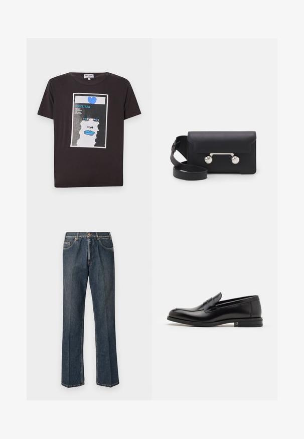 Crna pamučna majica sa grafičkim dizajnom lica žene s plavim usnama, velikim plavim očima i srcem, u okviru bijelog pravokutnika.; Tamno plave traperice ravnog kroja s prednjim gumbom, patentnim zatvaračem, dvojim prednjim džepovima i vidljivim vertikalnim naborima duž nogu.; Crni kožni mokasini s glatkom teksturom, zaobljenim prstima i ukrasnom trakom preko prednjeg dijela. Niski slojeviti potplat, minimalistički dizajn.; Crna kožna crossbody torba s preklopom, hardverom srebrne boje i dva okrugla detalja. Ima odvojivi remen. Glatka tekstura.