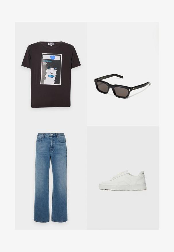 Sort bomulds t-shirt med et grafisk design af en kvindes ansigt med blå læber, store blå øjne og et hjerte, indrammet i et hvidt rektangel.; Bredde ben blå jeans lavet af denim med en falmet finish. Har fem lommer, en frontknaplukning og en lige pasform.; Hvide lædersneakers med en glat overflade, rund tå, flade snørebånd og en tekstureret sål. Har et diskret logo på hælen.; Sorte rektangulære solbriller med mørke glas, tyk plastisk ramme, guldtryk på stængerne og brandlogo indgraveret på armen.