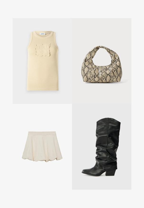 Top a senza maniche beige a coste con un design a patch quadrato testurizzato sul petto e un collo rotondo.; Gonna di colore crema con una texture morbida e liscia, design svasato e orlo scallop. Presenta una ampia vita elastica per il massimo comfort.; Stivali neri in pelle, alti fino al ginocchio, con design morbido, punta affusolata e tacco spesso, caratterizzati da una texture liscia e cuciture minime.; Borsa a stampa rettile con manico curvo. Realizzata in materiali testurizzati beige e marroni, presenta un distintivo motivo a rombi.
