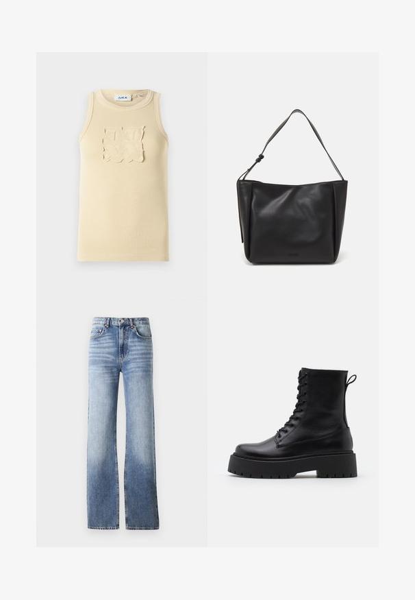 Beige ribbattu tankki ilman hihoja, jossa on texturoidut neliökuvioiset koristeet rinnassa ja pyöreä kaula-aukko.; Vaaleansiniset farkut, joissa on korkea vyötärö, leveälahkeinen leikkaus ja hienovarainen haalistuminen. Varustettu nappisuljennalla ja viidellä taskulla.; Musta nahkainen nilkkureita, joissa on pyöreä kärki, nauhakiinnitys edessä ja paksu kumipohja, jossa on teksturoitu pinta. Takana vetotappi.; Calvin Klein GRACIE MEDIUM - Käsilaukku - black; Hopehope hopeilla, joissa on minimalistinen muotoilu. Pyöreä muoto, sileä pinta ja ohut profiili. Kevyet ja kiillotetut.