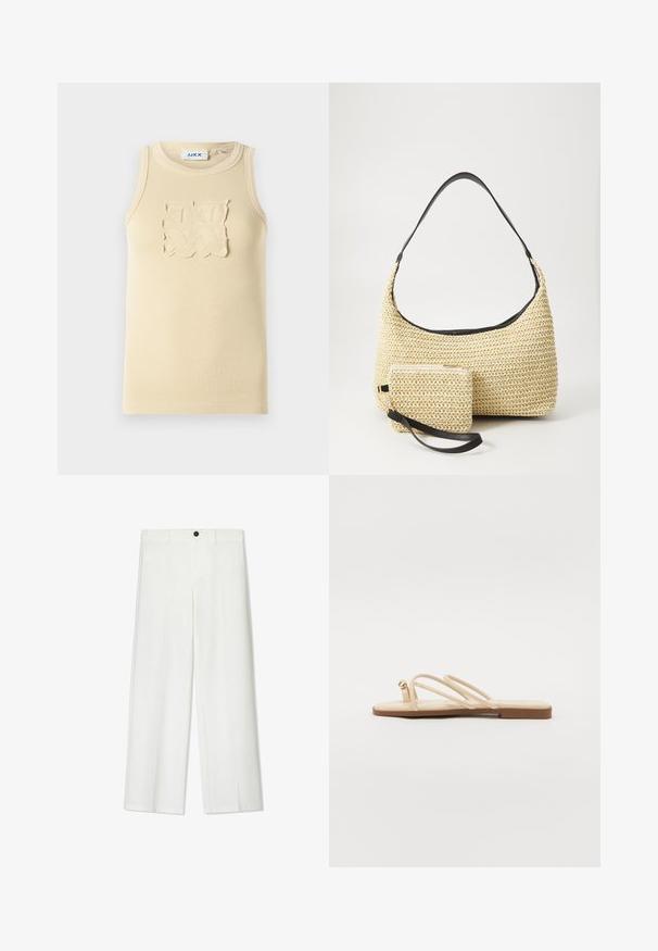 Beige ribbed sleeveless tank top with a textured square patch design on the chest and a round neckline.; White, wide-leg trousers with a smooth texture, featuring a front button closure and belt loops, tailored for a relaxed fit.; Beige flat sandals with three thin straps and a small rounded gold accent. Smooth material with a minimalist design and a tan sole.; Woven straw handbag with a curved silhouette, featuring a smooth black leather strap and a matching small pouch attached by a wrist strap.