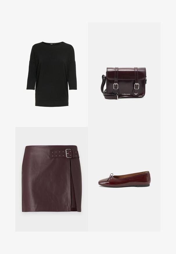 Juodas ilgomis rankovėmis marškinėliai, pagaminti iš minkštos, tekstūruotos medžiagos. Turi apvalią iškirptę ir laisvą siluetą su trijų ketvirčių ilgio rankovėmis.; Bordo dirbtinio odos sijonas su diržu ir metaline sagtimi, turintis šoninius plyšius ir lygų, poliruotą tekstūrą.; Bordo lakiotos odos baleto bateliai su apvalia nosimi, maža kaspinėlio akcentu priekyje ir žema juoda guma padanga. Lygi tekstūra.; Bordo lakinės odos krepšys per petį, stačiakampio formos, su dviem diržais, sidabrinėmis detalėmis ir užtraukiama kiautu.