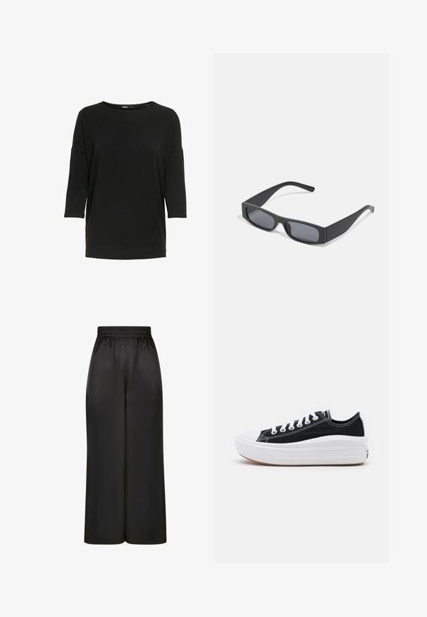 Sort langærmet top lavet af blødt, struktureret stof. Har rund halsudskæring og løs pasform med 3/4-lange ærmer.; Sorte brede bukser lavet af glat, skinnende stof med elastisk talje og uden synlige lommer eller hardwaredetaljer.; Sorte kanvas sneakers med hvide snørebånd, hvid gummitåhætte og en kraftig hvid mellemsål. Har diskret hvid syning og en gummisål.; Sorte rektangulære solbriller med mørke linser og tykke matte stel. Armen er let tilspidset med en glat overflade.