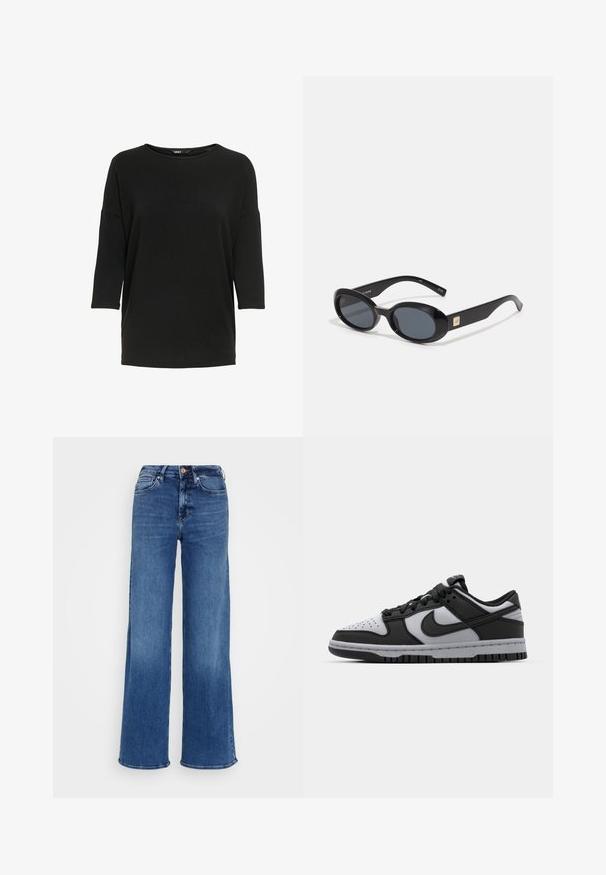 Crna majica dugih rukava od mekog, teksturiranog materijala. Ima okrugli izrez i slobodan kroj s rukavima do tri četvrtine.; Mid-plave traperice visokog struka s širokim nogavicama, na prekid s gumbom i zipom, te prednjim i stražnjim džepovima, na jednostavnoj svijetlosivoj pozadini.; Crne i sive Nike Dunk niske tenisice s perforiranim prstom, glatkim kožnim detaljima i gumenim potplatom s teksturiranim uzorkom.; Crne ovalne sunčane naočale s tamnim staklima, sjajnim plastičnim okvirom, širokim krakovima i malim zlatnim detaljem s jedne strane.