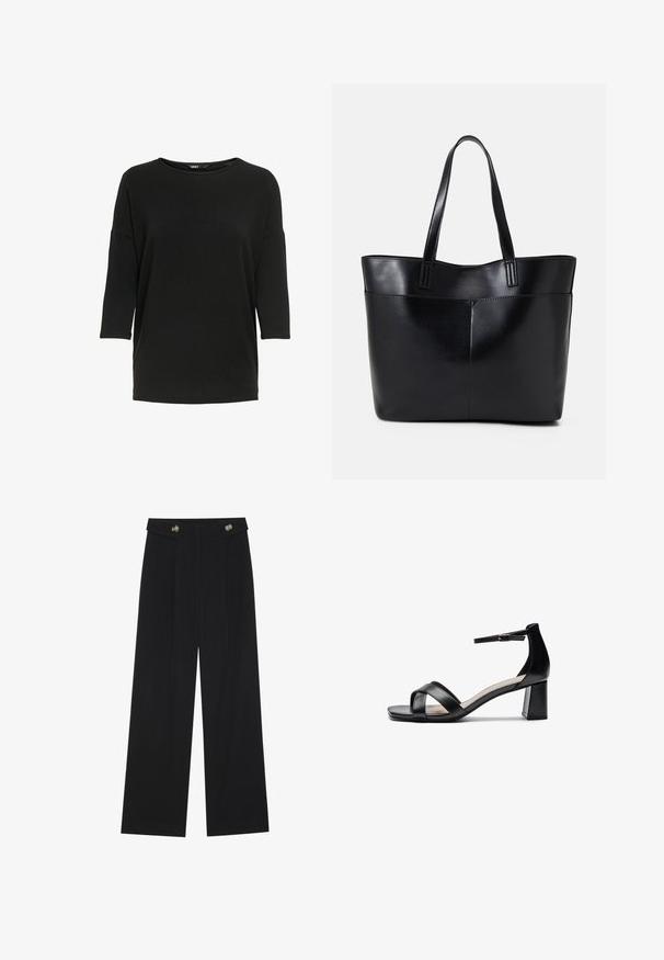 Black long-sleeve top made of soft, textured fabric. Features a round neckline and loose fit with three-quarter length sleeves.; Black wide-leg trousers with high waist, button details on waistband, and front pleats.; Black open-toe heeled sandal with crossed straps, adjustable ankle strap, and a chunky heel, featuring a smooth leather texture.; Black leather tote bag with two long handles, a smooth texture, and a structured shape. Features a front pocket for additional storage.