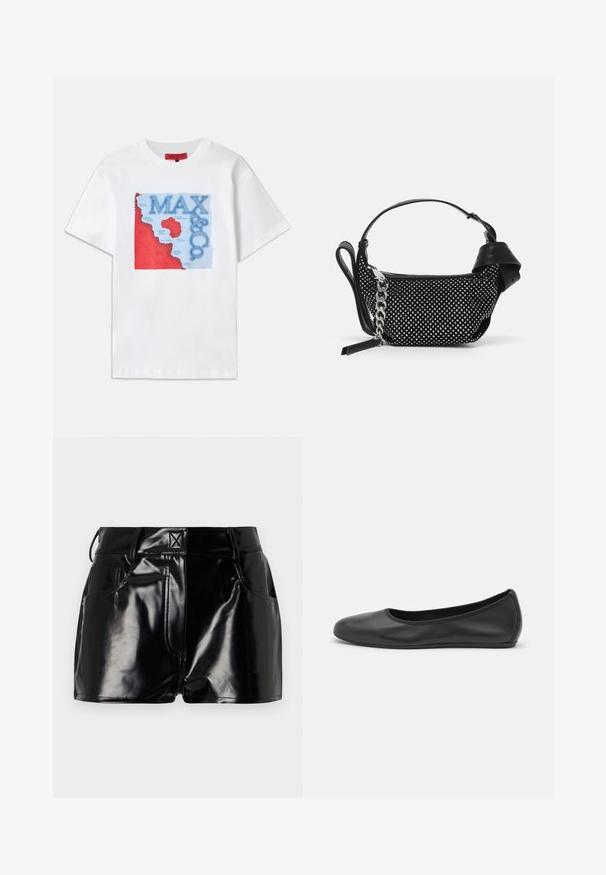 Valge puuvillane T-särk, millel on värvikas graafiline kujundus punaste ja siniste elementidega, kujutades kaarti ning silmapaistvat teksti "MAX & CO.".; Mustad, läikivad lühikesed püksid sünteetilisest materjalist. Omab kitsast piha, vöölõike ja esimesi taskuid, millel on silmapaistvad õmbluse detailid.; Musthave mustika tantsutossud mustast nahast, ümmarguse varbaga, siledast tekstuurist, minimaalse õmblusdetailiga ja paindliku tallakujundusega.; Must must have must päris omadused kobaraga nahast käekott, millel on nurgeliselt kaunistused, ketiraam ja sile nahast käepide, ümmargune kuju ja tõmblukuga tasku.