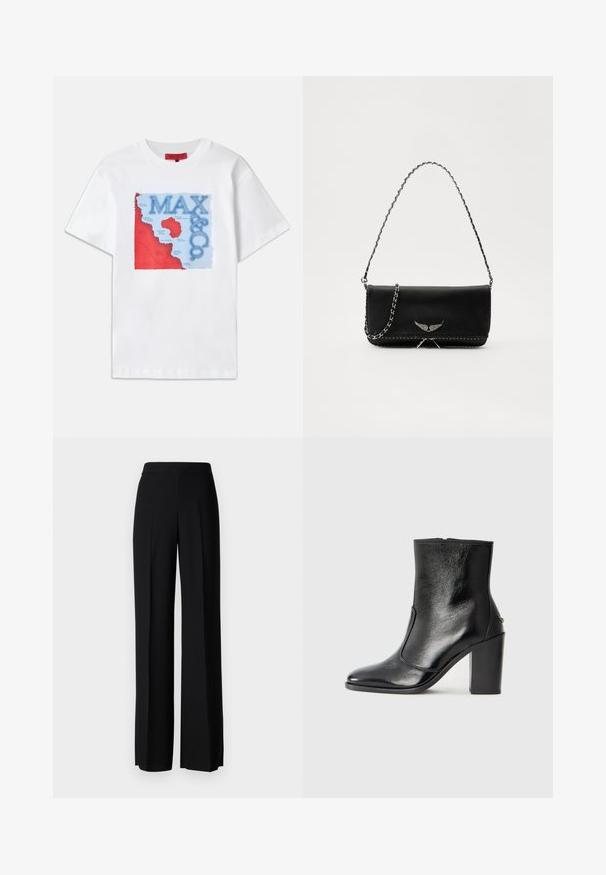 Valge puuvillane T-särk, millel on värvikas graafiline kujundus punaste ja siniste elementidega, kujutades kaarti ning silmapaistvat teksti "MAX & CO.".; Mustad laiad püksid mustas värvitoonis, sujuva tekstuuri ja kõrge vöökoha ning keskmiste voldikutega. Ilma nähtavate mustrite või tarvikute detailideta.; Must kõvale nahast pahklipsu saapad, millel on sile tekstuur, terav varvas ja paks kõrge kann. Omab külgavatust ja minimalistlikku disaini.; Mustvalge nahk käekott hõbedase ahelsanga ja dekoratiivsete tiivaaktsentidega, samuti valgete õmblustega alumises ühenduses.