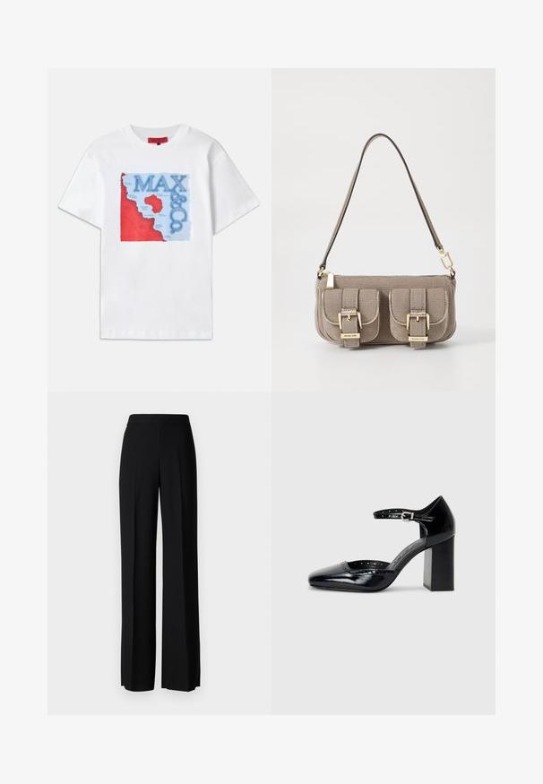 Bílý bavlněný tričko s barevným grafickým designem obsahujícím červené a modré prvky, zobrazující mapu a výrazný text "MAX & CO.".; Černé kalhoty s širokým střihem a hladkým povrchem, s vysokým pasem a středovými skladbami. Žádné viditelné vzory ani kovové detaily.; Černé lakované kožené vysoké podpatky se čtveratou špičkou, řemínkem kolem kotníku a masivním podpatkem. Obsahuje perforované detaily na okraji.; Béžová texturovaná kabelka s nastavitelným popruhem, dvěma předními kapsami uzamčenými sponami a zlatými akcenty. Uzavření na zip nahoře.