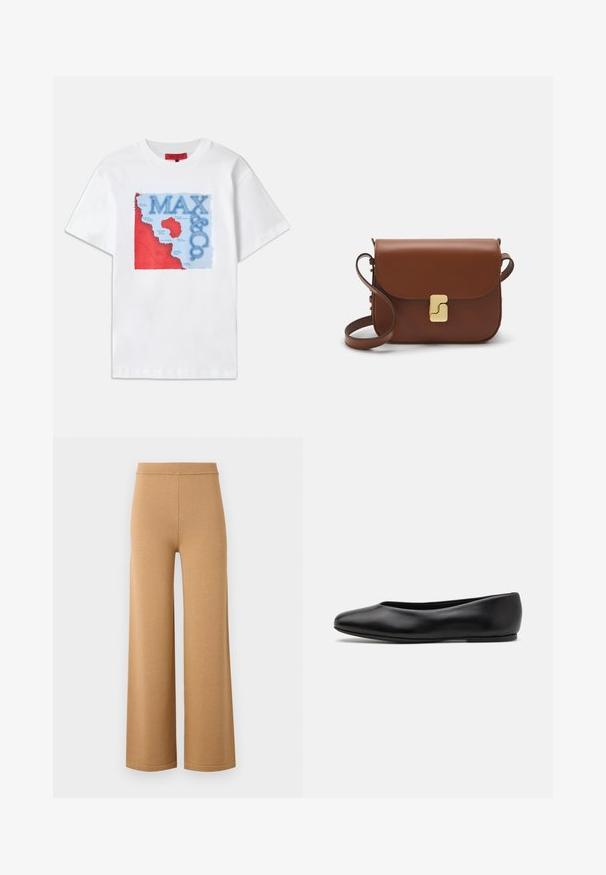 Bijela pamučna majica s šarenim grafičkim dizajnom s crvenim i plavim elementima, koja prikazuje kartu i istaknuti natpis "MAX & CO."; Široke bež hlače izrađene od mekane, rastezljive tkanine, s visokim elastičnim pojasom i čistim, jednostavnim šavovima.; Paul Smith TOPANGA - Balerinke - black; Smeđa kožna torba s preklopom, zlatnim detaljima, remenom za nošenje preko ramena i glatkom teksturom. Kompaktni pravokutni oblik.