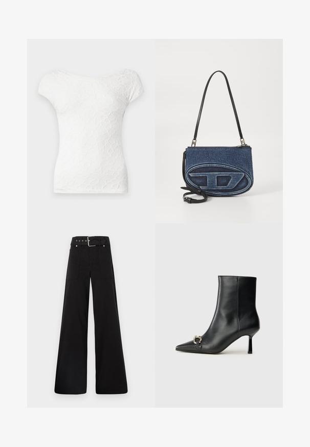 Top bianco a maniche corte con un motivo testurizzato e ondulato e un ampio scollo. Tessuto liscio, design aderente, estetica semplice e pulita.; Pantaloni neri a gamba larga realizzati in cotone, con vita alta, ampie tasche laterali e vita con cintura arricchita da dettagli in metallo argentato.; Stivale alla caviglia in pelle nera con punta affusolata, tacco sottile di media altezza e dettaglio in fibbia argentata sul lato, su sfondo semplice.; Borsa a tracolla in denim con tracolla in pelle nera, design oval logo sulla parte frontale e chiusura con zip superiore. Finitura testurizzata.