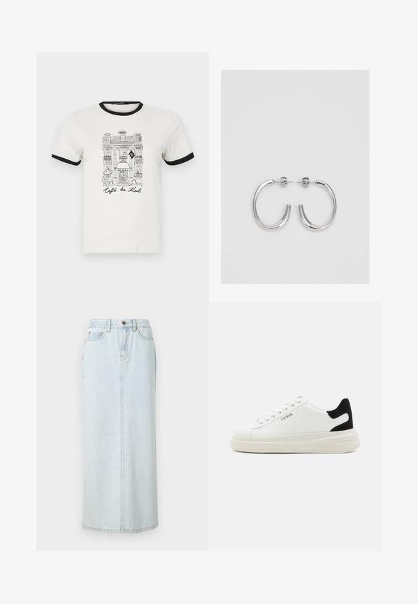 Valkoinen puuvillapaita, jossa musta ribbikaulus ja hihansuut. Paidan etuosassa on piirretty kuva kahvilasta sekä teksti "Café de Kal" mustalla.; Vaaleansininen farkku-maksihame, jossa on suora muotoilu, edessä nappikiinnitys ja näkyvät rimpsut. Sisältää kaksi etutaskua.; Valkoiset nahkakengät paksulla valkoisella pohjalla, mustalla mokkanahkaosuudella kannassa ja kohokuvioitu logo sivulla. Nauhakeskitys kuudella reiällä.; Hopehopeet hopehopeet hopehopeet hopehopeet, jolla on sileä, kiiltävä pinta. Pyöreä muoto, kevyt rakenne, jossa on neulakiinnitys.