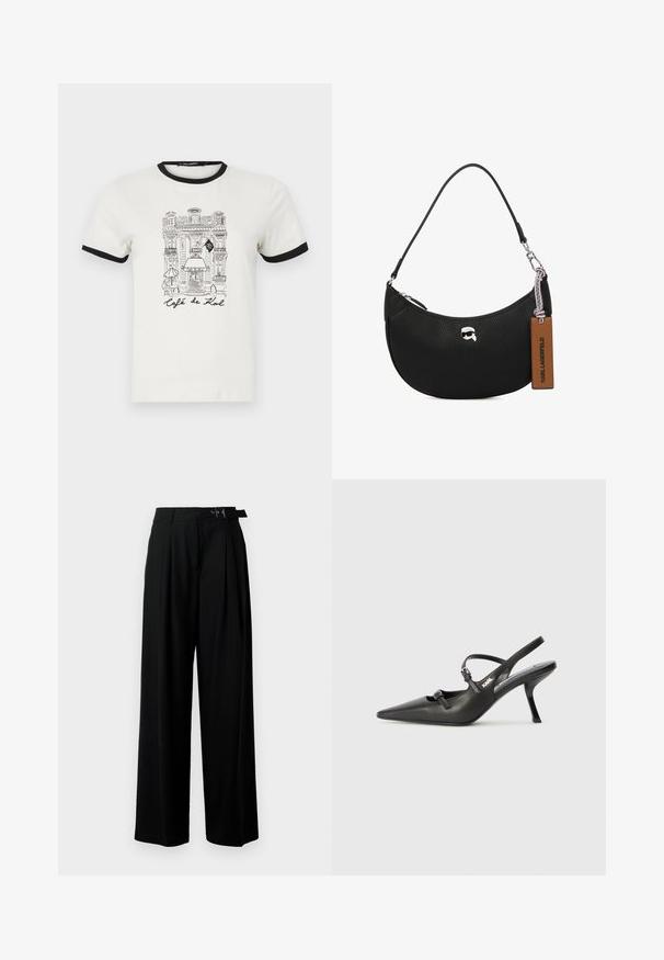Valge puuvillane T-särk musta soonikuga kaela ja varrukatega. Särk sisaldab joonist kohvikust, mille peal on must kiri "Café de Kal".; Mustad kõrge vöökohaga mustad laiad püksid, millel on ees voldid ja vöö, millel on pandla. Valmistatud siledast ja kergest kangast.; Must musta slingback kontsad, terava nina, peenike konts ja dekoratiivne pandla detail peal. Sile tekstuur ja stiilne disain.; Musta nahk kott, millel on krobeline tekstuur, kõver kuju, ülemine tõmblukk, hõbedased detailid ja pruun silt. Omab logo aksenti.