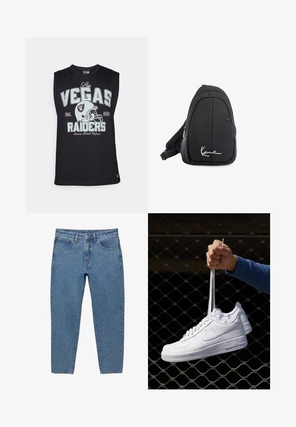 Svart ärmlös t-shirt i bomull med "Las Vegas Raiders" grafik, design av en fotbollshjälm och året för etablering: 2021.; Blå denimjeans med rak benpassform, fem fickor och dragkedja. Har synlig sömnad och en blekt textur.; Vita lädersneakers med perforeringar, rund tå, platt sula och tjocka snörning, med en synlig swoosh-logga och "AIR" på hälen.; Svart tyg sling ryggsäck med en mjuk textur, med en rundad design, en dragkedjefack och en vit logotyp på framsidan.