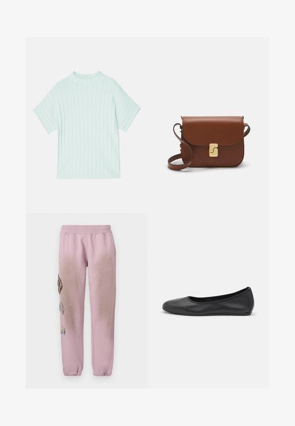 Filippa K MOCK NECK - Lihtne T-särk - mint green; Roosa spordipüksid elastse paelaga vööl, millel on vasakul küljel dekoratiivsed rombikujulised plaastrid ja elastsed mansetid pahkluude juures.; Musthave mustika tantsutossud mustast nahast, ümmarguse varbaga, siledast tekstuurist, minimaalse õmblusdetailiga ja paindliku tallakujundusega.; Pruunist nahast käekott, millel on klapiga sulgur, kuldne riistvara, õlarihm ja sile tekstuur. Kompaktne ristkülikukujuline vorm.