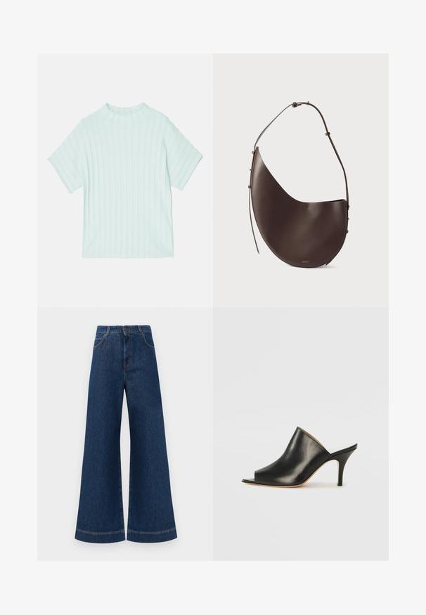 Filippa K MOCK NECK - Basic T-shirt - mint green; Wide-leg blue denim jeans with a high waist, featuring a button closure, belt loops, and subtle stitching details along the pockets and hems.; Black leather open-toe mule with a sleek, curved design, high stiletto heel, and smooth texture. The interior features a contrasting light color.; Brown leather handbag with a curved shape, single strap, and minimalistic design. Features a subtle logo and gold hardware accents.
