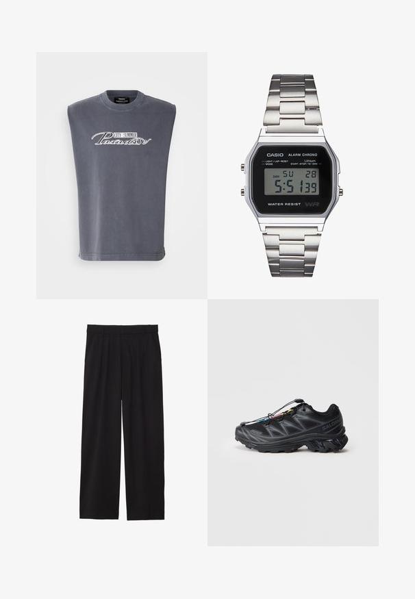 Gray sleeveless T-shirt made of soft fabric, featuring a rounded neckline and a printed design with "CITY SUMMER Paradise" in white.; Black wide-leg trousers with a pleated front, side pockets, and a smooth fabric texture. Designed for a relaxed fit.; Black athletic shoe with a textured mesh upper, reinforced toe, and a quick-lace system. Features a rugged outsole and slight heel elevation.; Digital Casio watch with a black face, silver stainless steel band, rectangular case, and buttons for light, lap-reset, and mode adjustments.