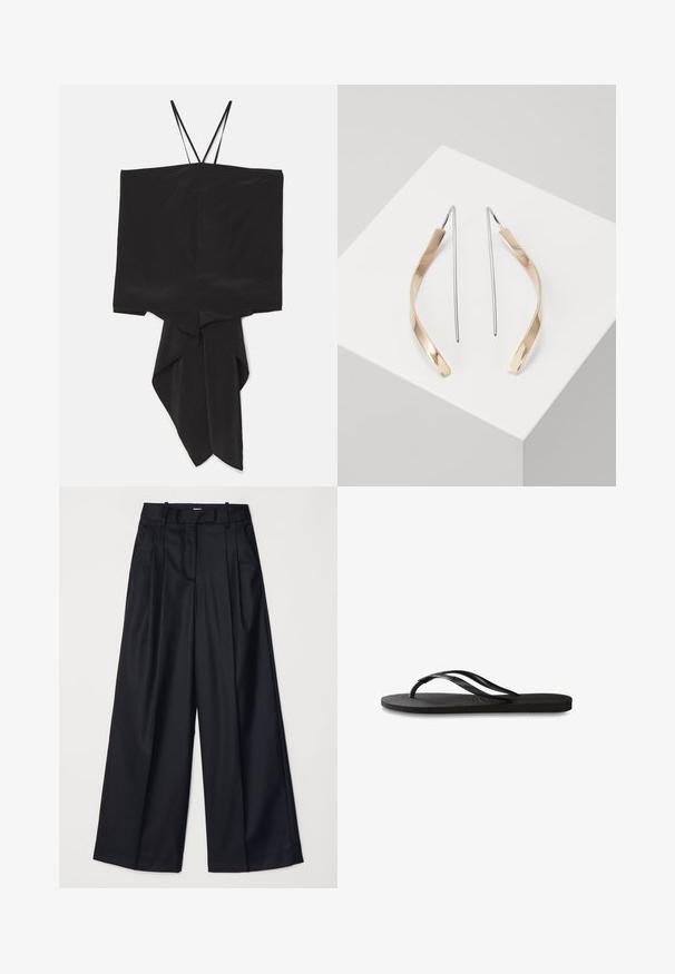Čierny top bez rukávov s boxovým strihom a asymetrickým lemom, vyrobený z hladkej tkaniny. Tenké ramienka a drapovaný, špicatý dizajn na spodnej časti.; Čierny top bez rukávov s vysokým golierom, jemnou textúrou a zakriveným spodným okrajom. S bočným nabrúsením pre priliehavý vzhľad.; Čierne široké nohavice vyrobené z hladkej tkaniny, so zvýšeným pásom, plisovaním a strihom na mieru. Jednoduché čierne kovanie v oblasti pásu.; Čierne žabky s textúrovanou gumovou podrážkou, dvoma štíhlymi popruhmi a diskrétnym embosovaným logom na popruhu.; Zlaté a strieborné napichovacie náušnice s zakriveným, predĺženým tvarom. Lesklý povrch s hladkou textúrou a minimalistickým dizajnom.