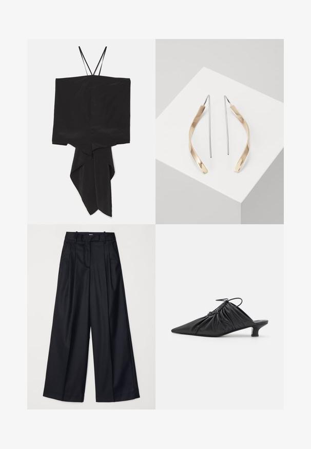 Top negru fără mâneci, cu o formă casetată și tiv asimetric, realizat dintr-un material neted. Bretele subțiri și un design drapat, ascuțit la baza.; Pantaloni negri cu picioare late, confecționați dintr-un material neted, având talie înaltă, plii și un design croitorie. Accesorii simple negre la talie.; Mule-uri negre din piele, cu vârf ascuțit, textură plisată și un tocuri mici de tip kitten. Prezintă un detaliu cu șnur la deschidere.; Cercei din aur și argint, cu o formă curbată și alungită. Finisaj lucios, cu o textură netedă și un design minimalist.