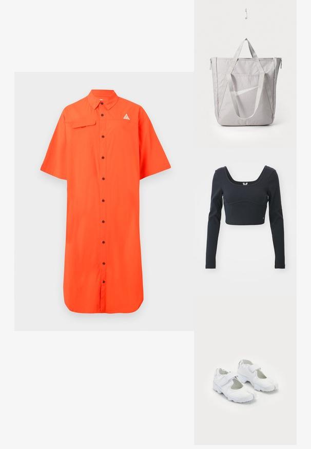 Black long-sleeve cropped top in ribbed texture, featuring a wide scoop neckline and fitted silhouette, with a subtle brand logo accent.; Orange button-up shirt with short sleeves, featuring a front pocket and logo on the chest. Made of lightweight fabric with a smooth texture.; White athletic shoes featuring a textured upper, adjustable Velcro strap, rounded toe, and a chunky sole with distinct tread pattern.; Gray tote bag with reinforced handles, front zippered pocket, and a white Nike swoosh logo. Made of durable fabric with a smooth texture.