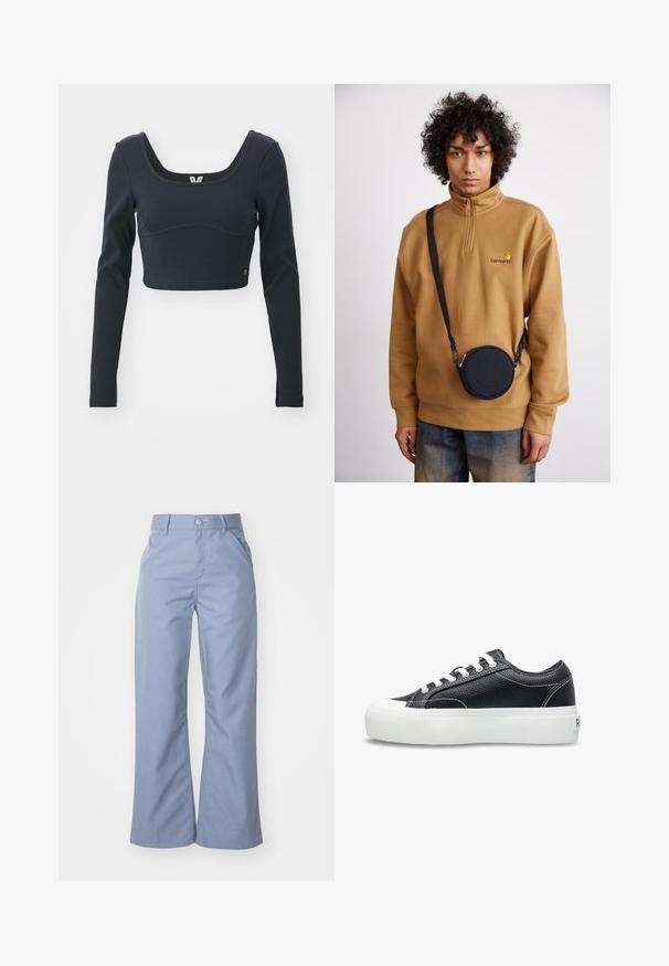 Svart langermet cropped topp i ribbet tekstur, med bred scoop-hals og figursydd silhuett, med en subtil merkevarelogo.; Lyseblå vide bukser i en glat bomuldsblanding, med forlommer og en knaplukning i taljen.; Svart lær sneakers med teksturert overflate, hvit gummisåle og klassisk snøredesign. Har hvite sømmer og merket på hælen.; Brun kvart-zip fleece genser med brodert logo, med en svart rund crossbody bag med glidelås og logodetalj, båret over denim.