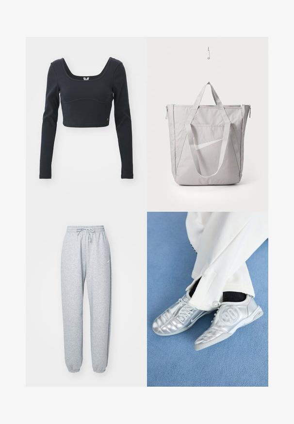 Must mustriba mustikateel pikkade varrukatega cropped top, millel on lai ümmargune kaelus ja istuv siluett, ning delikaatne brändi logo aksent.; Heledad hallhalli pehmete puuvillasegistusega, millel on elastne vöökoht ja nöör, kitsenevad sääred ja ribakudumisega mansetid. Minim blown kaubamärgi detail.; Hõbedased spordijalatsid, millel on sile ja läikiv pind, eristuvad õmmeldud mustriga ning külje peal on number 90, millele on lisatud valged püksid.; Hallhallane hall kott, millel on tugevdatud käepidemed, ees lukkudega tasku ja valge Nike Swoosh logo. Valmistatud vastupidavast kangast, millel on sile tekstuur.
