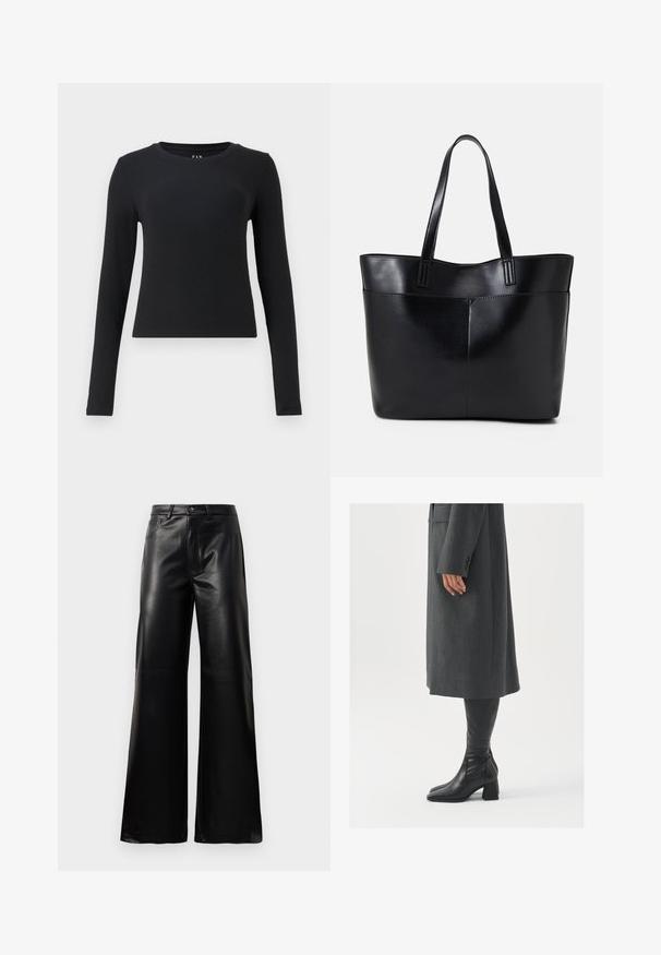 Crna majica dugih rukava, okrugli dekolte, rebrasta tekstura, uski dizajn i skraćena dužina. Bez uzoraka ili vidljivih detalja.; Crne visoke široke hlače od umjetne kože s prednjim gumbom, zatvaranjem na zip, petljama za pojas i bočnim džepovima na bijeloj pozadini.; Sivi, krojeni kaput ravnog kroja; uparen s crnim kožnim čizmama do koljena koje imaju četvrtasti vrh i debeli potplat.; Crna kožna torba s dugim ručkama, glatkom teksturom i strukturiranim oblikom. Ima prednju džep za dodatno pohranu.